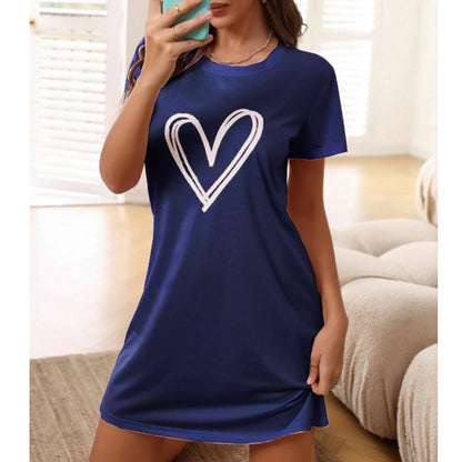 Cozy Casual Heart Print Short Sleeve Women Lounge Sleepwear Nightdress