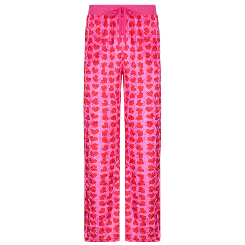 Conjunto informal de dos piezas con capucha y pantalones de cintura alta y top de manga larga con estampado de corazón para mujer