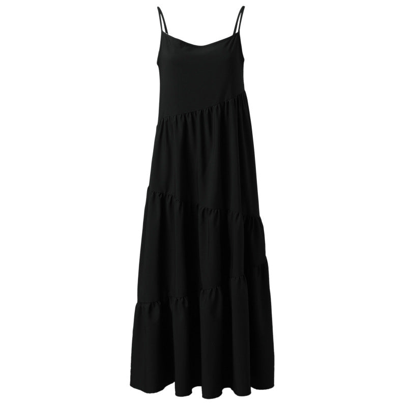 Women Casual Sleeveless Summer Loose Ruffled Solid Color Dress