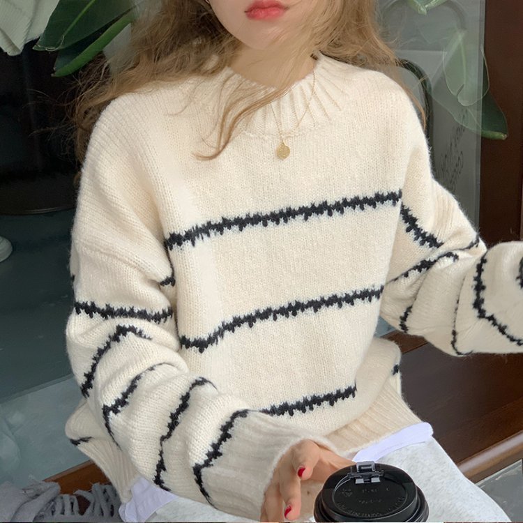 Women Autumn Winter Casual Classic Stripes Round Neck Loose Knitted Sweater