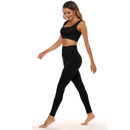 Conjunto deportivo de dos piezas para mujer, color sólido, con cuello en U, camiseta corta y pantalones de cintura alta, para yoga y deportes.