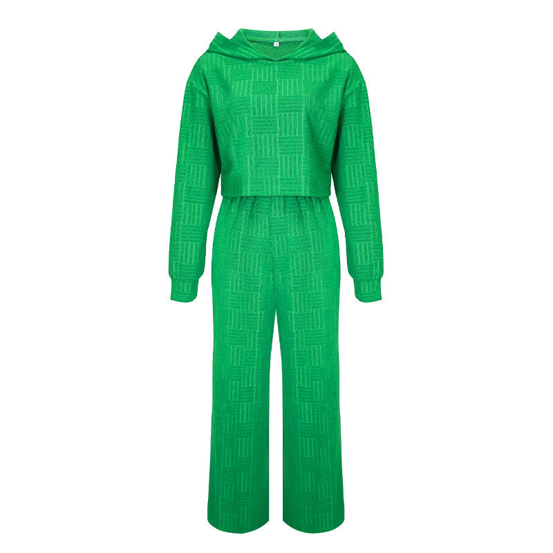 Conjunto de dos piezas informal de color liso con capucha y pantalones de pierna ancha de manga larga para mujer