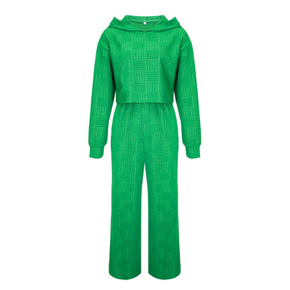 Conjunto de dos piezas informal de color liso con capucha y pantalones de pierna ancha de manga larga para mujer