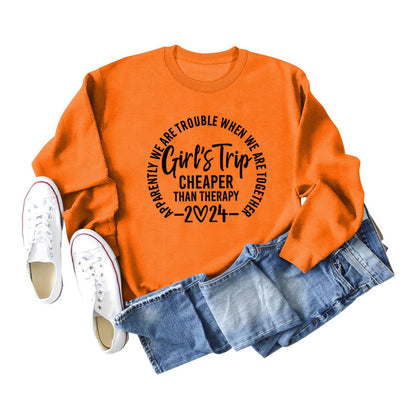 Sudadera informal de manga larga con cuello redondo y estampado de letras y eslogan de color liso para mujer 2024