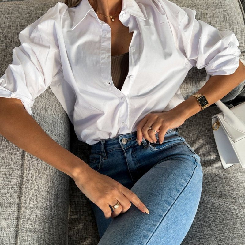 Spring And Summer Women Loose Casual Solid Color Long Sleeve V-Neck Button Shirt Blouse