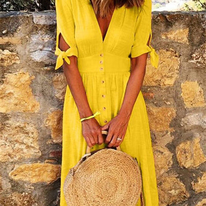 Women Casual Boho Short-Sleeved Defined Waist Multi-Button Midi Dress