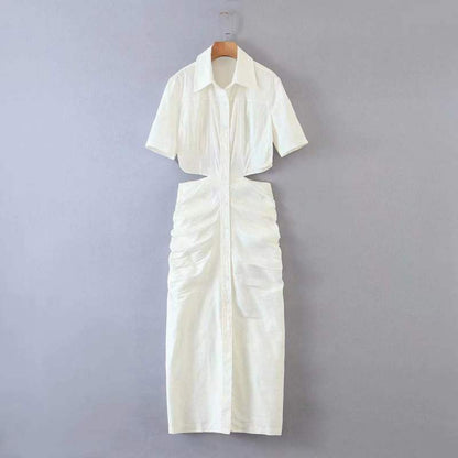 Women Casual Solid Color Back Hollow Short-Sleeved Buttoned Shirt Dress