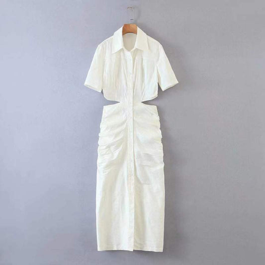 Women Casual Solid Color Back Hollow Short-Sleeved Buttoned Shirt Dress