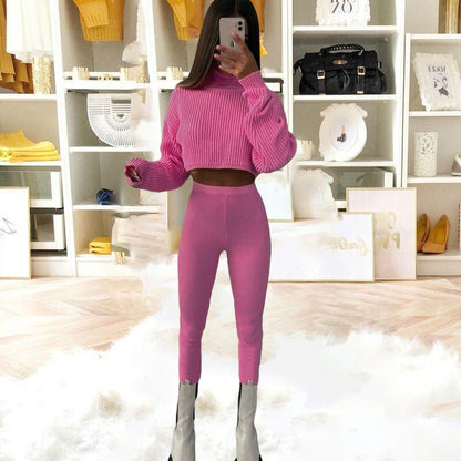 Conjunto de dos piezas de top y pantalón de punto de manga larga con cuello alto y color liso informal para mujer