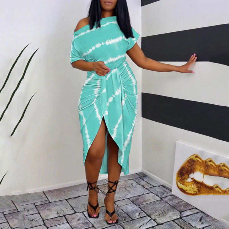 Women Slanted Shoulder Printed Short Sleeve Neck Waist Irregular Casual Dress
