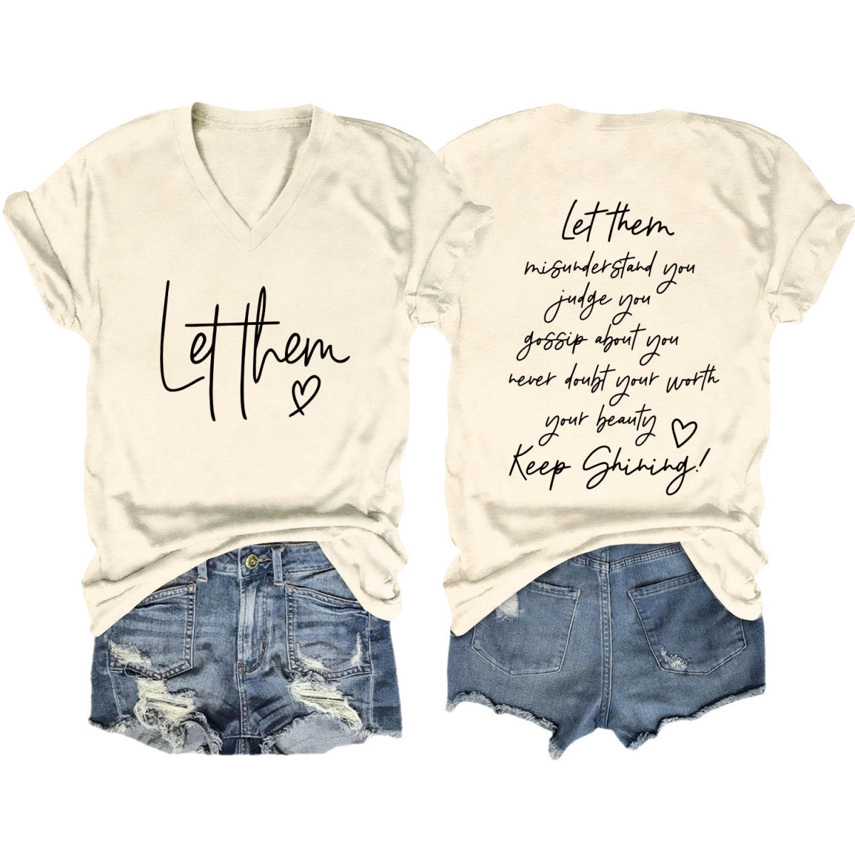 Camiseta informal de verano para mujer con estampado de letras de doble cara y cuello en V de manga corta
