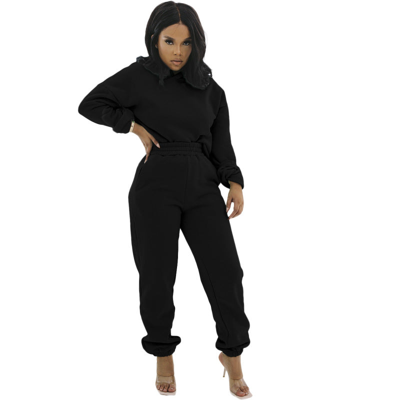 Conjunto deportivo informal de sudadera con capucha y pantalones de chándal de manga larga de color liso para mujer