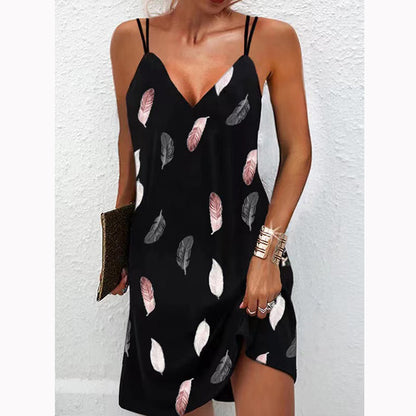Summer Women Casual V-Neck Printed Mini Suspender Dress