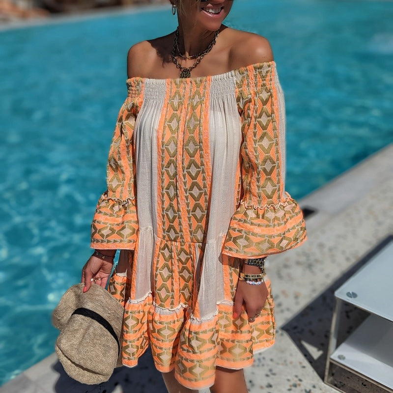 Fashion Boho Vintage Women Flare Sleeve Vacation Off-Shoulder Casual Loose Dress