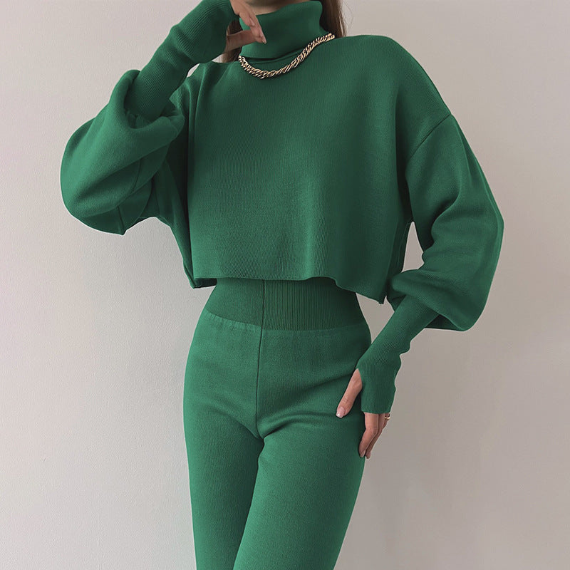 Autumn Winter Women Turtleneck Loose Long-Sleeved Top Pants Casual Fashion Set