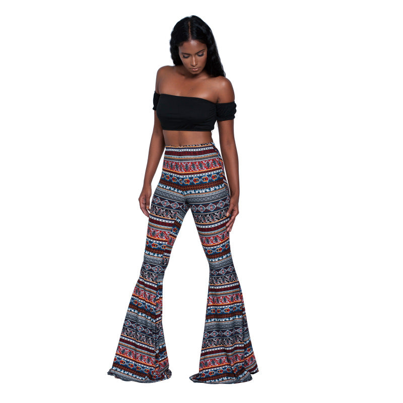 Women Printed High Waist Fashion Casual Flared Pants