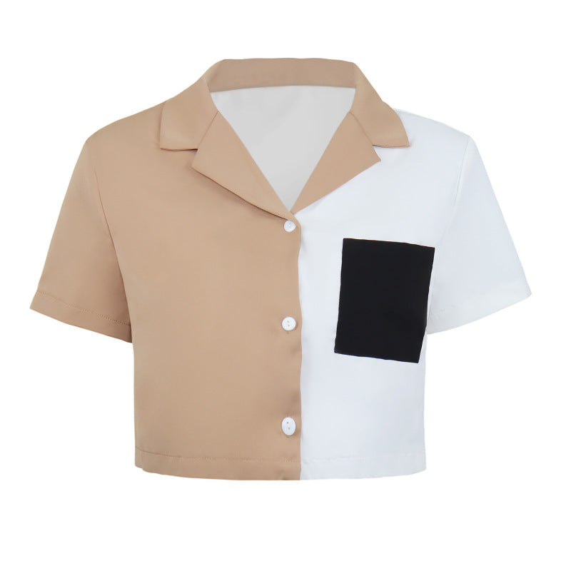 Blusa corta informal elegante de manga corta con bolsillos y bloques de color para mujer