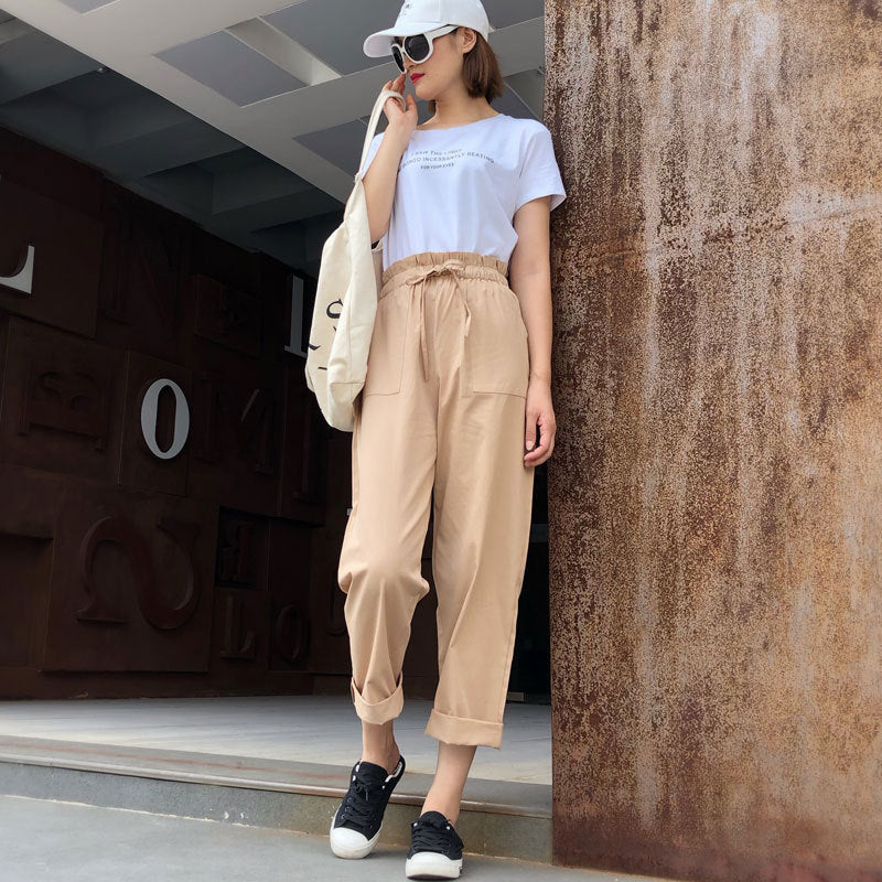 Women Casual Harem Pants Lace Up Loose High Waist Wide Leg Pants