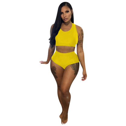 Conjunto deportivo de dos piezas para mujer, sexy, informal, deportivo, de color liso, con camiseta sin mangas y pantalones cortos