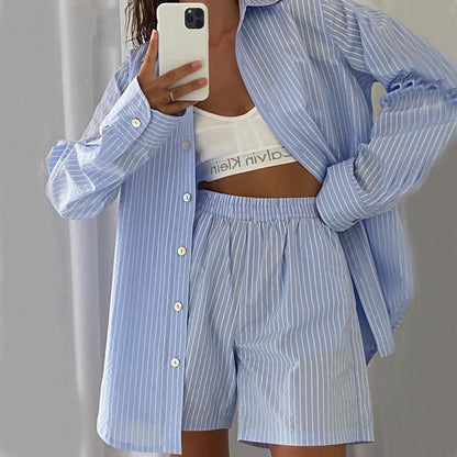 Conjunto de dos piezas de camisa informal de rayas de manga larga y pantalones cortos anchos de cintura alta para mujer