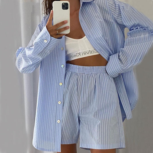 Conjunto de dos piezas de camisa informal de rayas de manga larga y pantalones cortos anchos de cintura alta para mujer