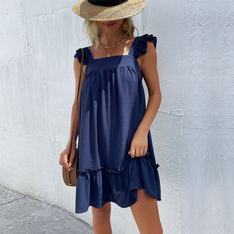Women Casual Solid Color Loose Ruffled Sling Dress