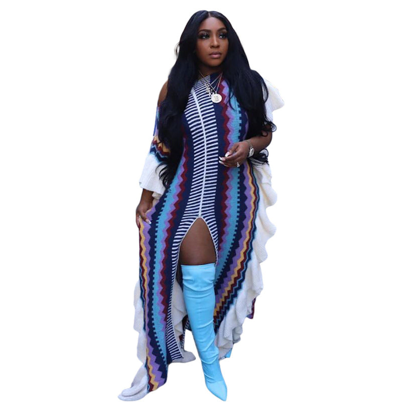 Women Casual Ruffled Knit Stripe Split Maxi Dress