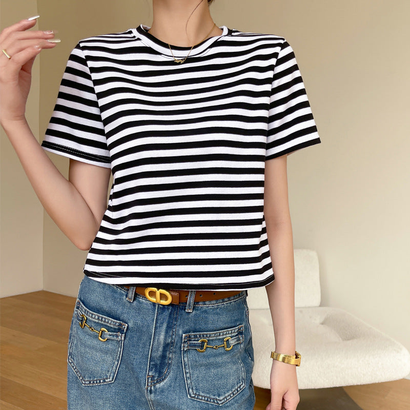 Camiseta informal de verano para mujer, con rayas, cuello redondo y manga corta