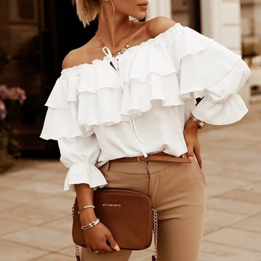 Blusa holgada informal elegante de gasa con hombros descubiertos y volantes para mujer