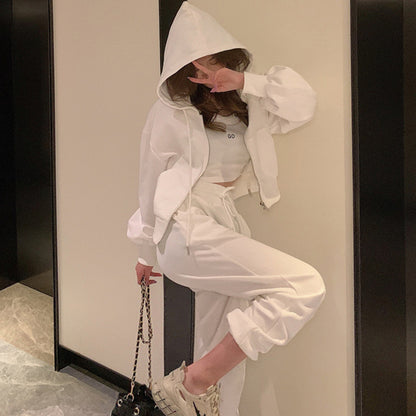 Conjunto de 3 piezas de camisola informal de color liso con cremallera y sudadera con capucha y cordón ajustable en la cintura para mujer