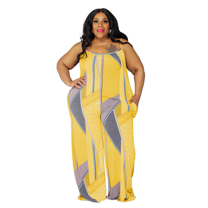 Plus Size Women Sling Print Loose Casual Jumpsuit
