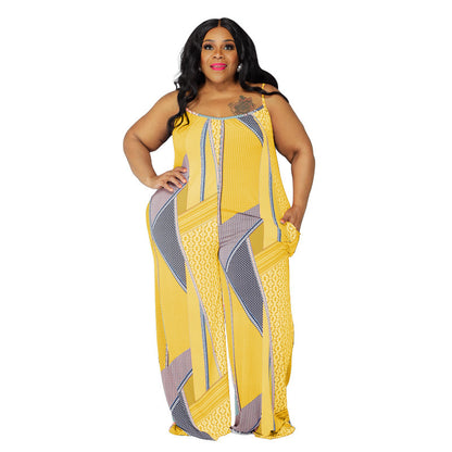 Plus Size Women Sling Print Loose Casual Jumpsuit