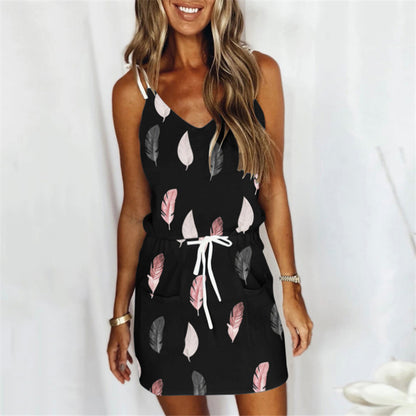 Women Casual Feather Printed Strap Dress