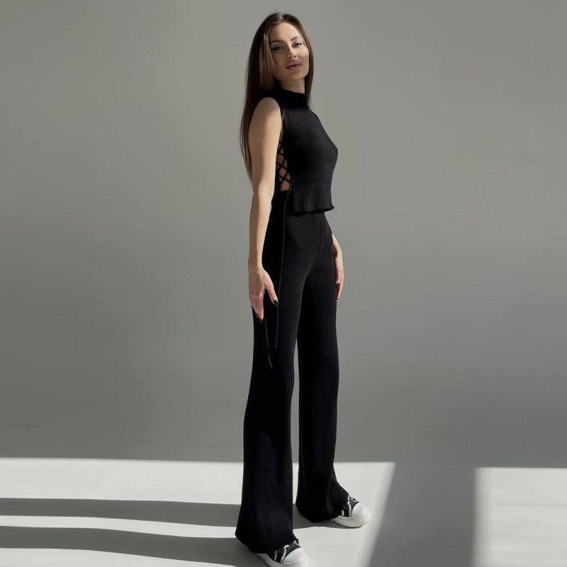 Conjunto de 2 piezas de top de punto sin mangas con cordones y pantalones casuales de cintura alta de color sólido para mujer