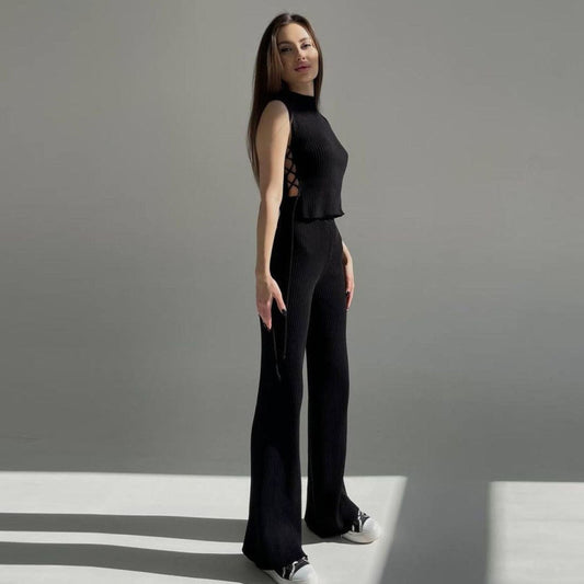 Conjunto de 2 piezas de top de punto sin mangas con cordones y pantalones casuales de cintura alta de color sólido para mujer