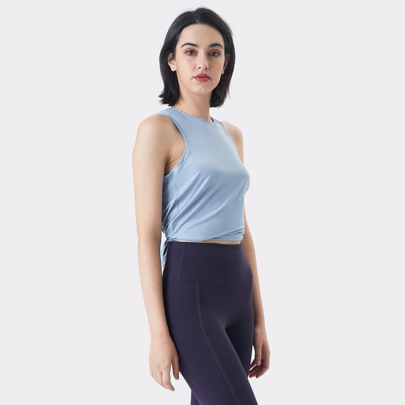Women Casual Loose Solid Color Round Neck Sleeveless Back Split Sports Tank Top