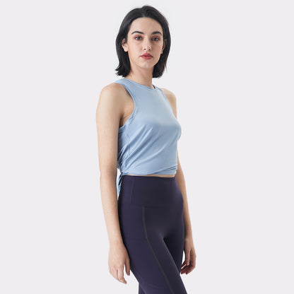Women Casual Loose Solid Color Round Neck Sleeveless Back Split Sports Tank Top