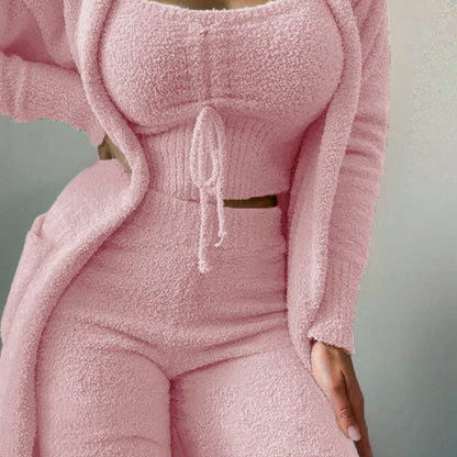 Conjunto de tres piezas de punto informal para mujer, camiseta sin mangas de felpa de color liso de invierno, pantalones y abrigo con cintura elástica