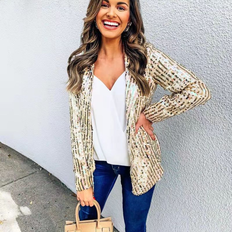 Blazer informal de manga larga con solapa y lentejuelas lisas para mujer