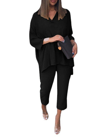 Conjunto de dos piezas de top y pantalón de manga larga con cintura elástica informal de algodón de color liso para mujer