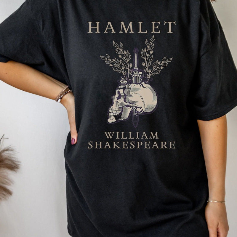 Camiseta holgada informal de manga corta con estampado de calavera y letras para mujer