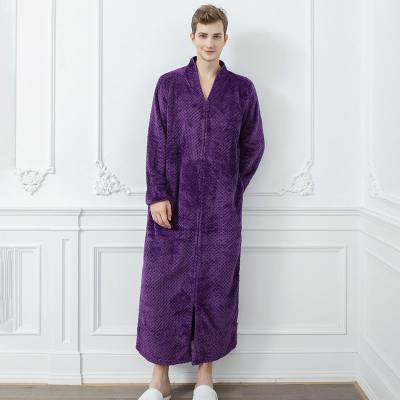Couples Winter Fashion Casual Home Solid Color Flannel V Neck Long Sleeve Zipper Robes Sleepwear