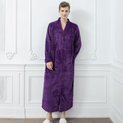 Couples Winter Fashion Casual Home Solid Color Flannel V Neck Long Sleeve Zipper Robes Sleepwear
