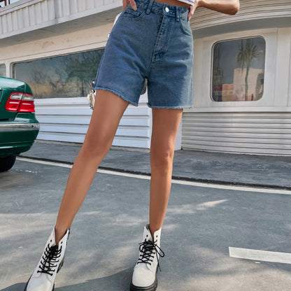 Fashion Casual Women Raw Hem Baisc Straight Denim Shorts