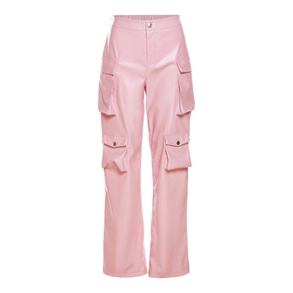 Women Fashion Casual High Waist Straight Leg Leather Cargo Pants
