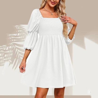 Women'S Fashion Casual Printing Puff Sleeve Square Neck Dress