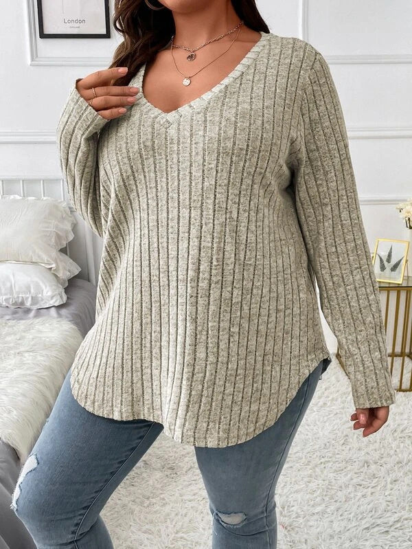 Women Fashion Casual Solid Color Rib-Knit Long Sleeve Plus Size Top