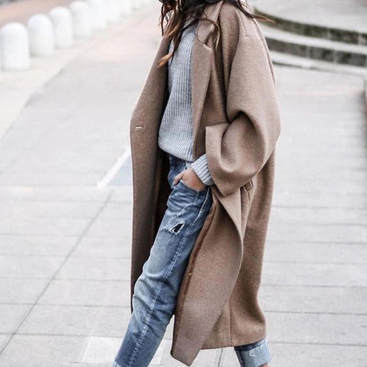 Abrigo de lana cálido de color liso largo informal para mujer, otoño e invierno