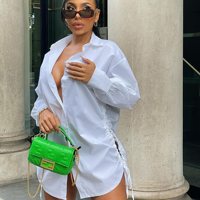 Summer Women Casual Solid Color Hollow Lace-Up Long Sleeve Shirt Dress