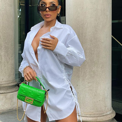 Summer Women Casual Solid Color Hollow Lace-Up Long Sleeve Shirt Dress